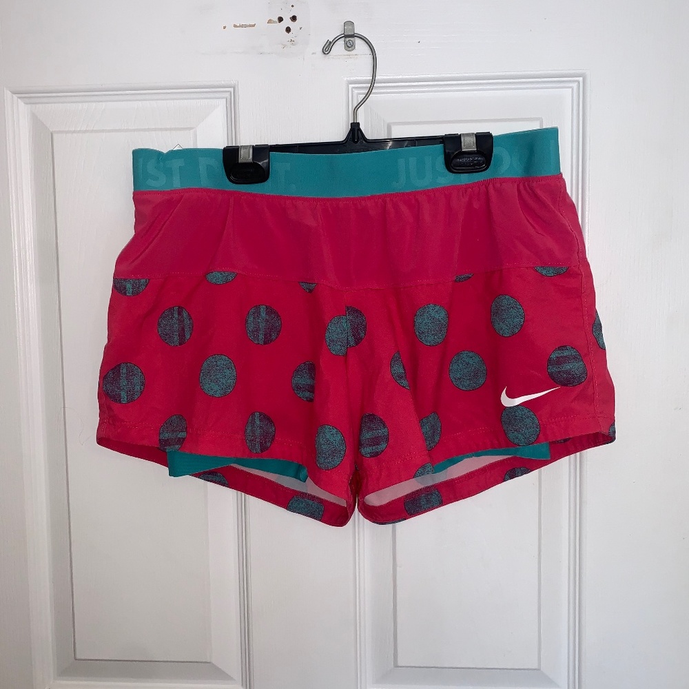 NIKE RARE Dri-Fit Lined Running Shorts in Pink/Teal Polka Dot